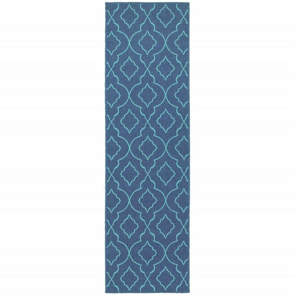 Blue 2 ft. x 8 ft. Loomed Geometric Polypropylene Rectangle Indoor/Outdoor Area Rug