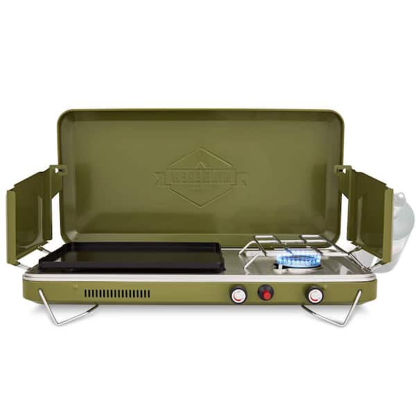 HIKE CREW 2-in-1 Portable Camping Stove and Propane Gas Grill with Igniter and Legs, Green