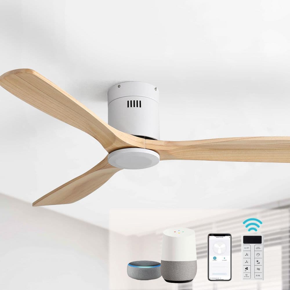 52 in. Indoor Smart Flush Mount Standard White Low Profile Solid Wood Ceiling Fan without Light, Remote/APP Control