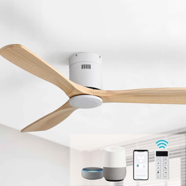 52 in. Indoor Smart Flush Mount Standard White Low Profile Solid Wood Ceiling Fan without Light, Remote/APP Control