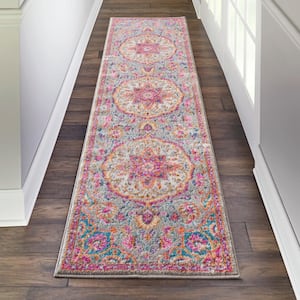 Passion Grey/Multi 2 ft. x 10 ft. Center medallion Transitional Runner Area Rug