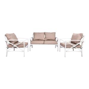 White 3-Piece Metal Patio Conversation Set with Beige Cushions
