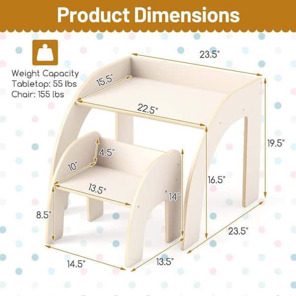 2-Piece Wood Top White Kids Desk and Chair Set Toddler Table and Chair Set with Proper Height