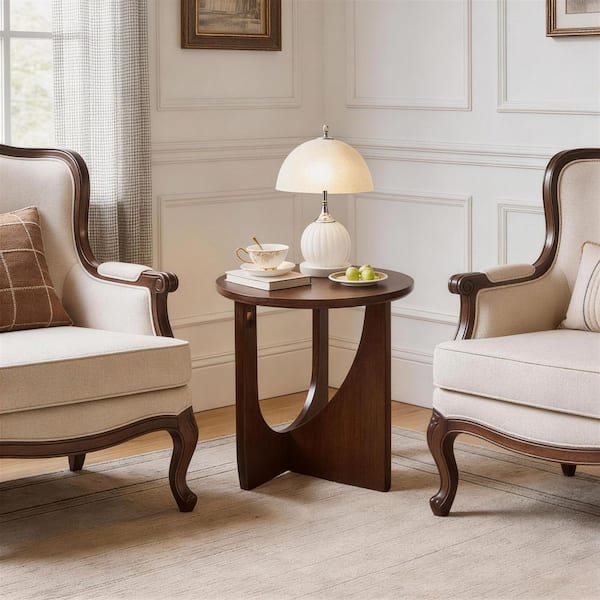 Elioenai 19.68 in. Walnut Round Solid Wood Side Table, Simple Accent Table for Living Room