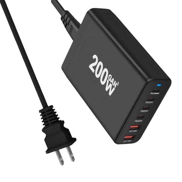 Lukyamzn 200-Watt Fast Wall Charger Power Adapter in Black with 6-Charging Ports Desktop USB Charging Station QC18W PD100W PD20W