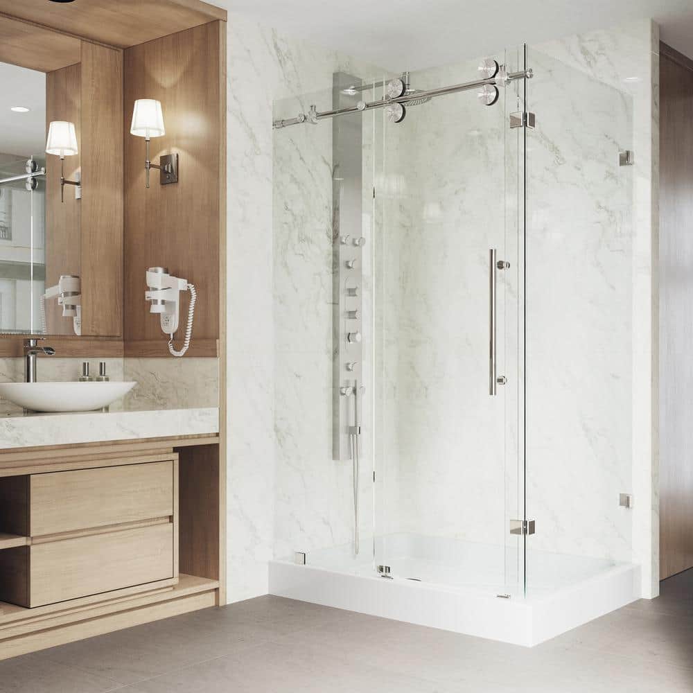 Winslow 46" Black Frameless Sliding Shower Enclosure with Clear Glass