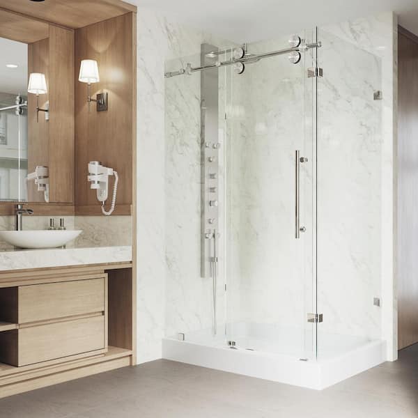 Winslow 36 in. L x 48 in. W x 80 in. H Frameless Sliding Shower Enclosure Kit in Stainless Steel with Clear Glass