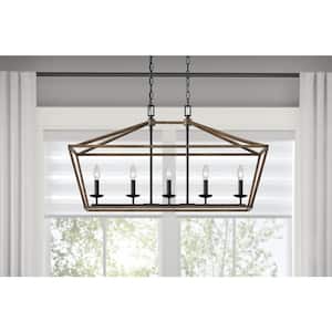 Weyburn 36 in. 5-Light Black and Faux Wood Farmhouse Linear Chandelier Light Fixture with Caged Metal Shade