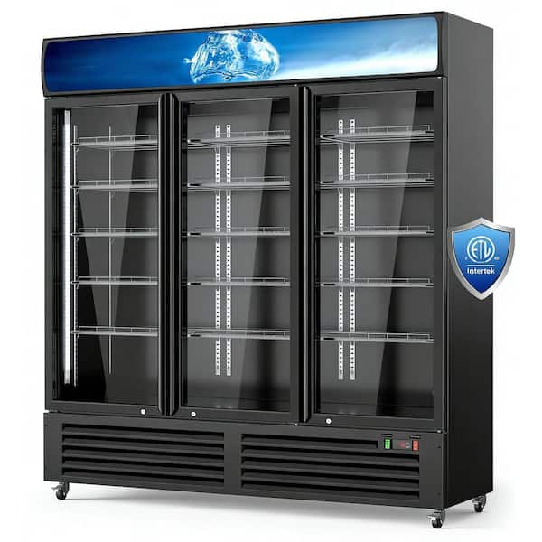 56 cu. ft. Commercial Beverage Display Fridge: 3 Glass Door Upright Merchandiser with Front LED Light Black