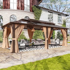 20 ft. x 12 ft. Outdoor Brown Polycarbonate Double Roof Gazebo with Curtains and Netting for Garden, Lawns, Patio