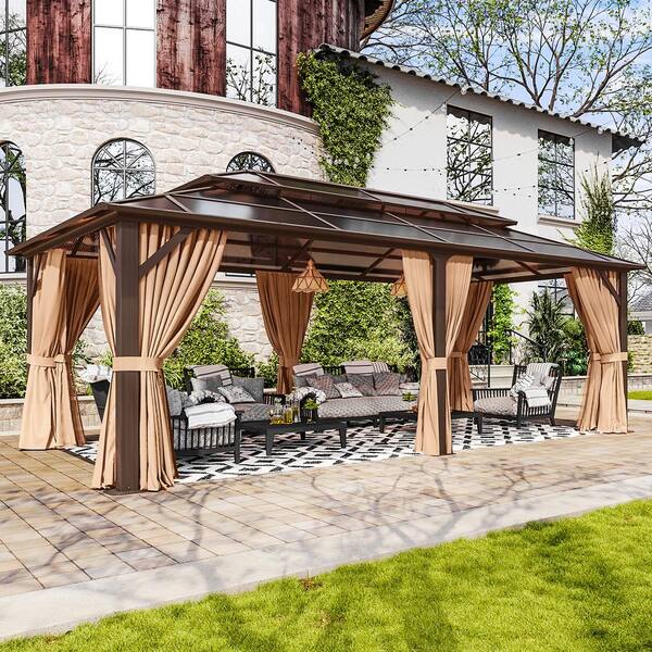 Sizzim 20 ft. x 12 ft. Outdoor Brown Polycarbonate Double Roof Gazebo ...