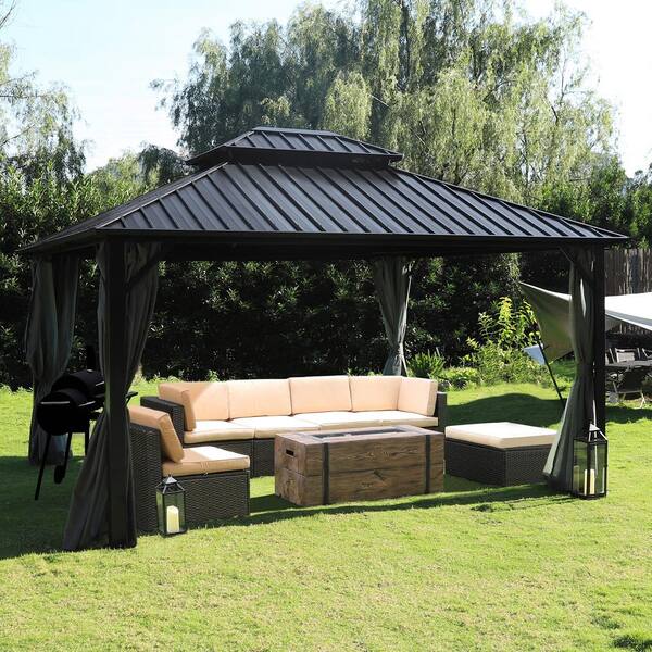 VEIKOUS 14 ft. W x 12 ft. D Hardtop Gazebo Aluminum Double Roof Metal Gazebo with Curtain and Netting