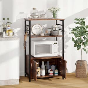 Brown 3-Shelf Metal 24 in. W Kitchen Baker's Rack with Cabinet 2-Open Shelves 10 S-Shaped Hooks