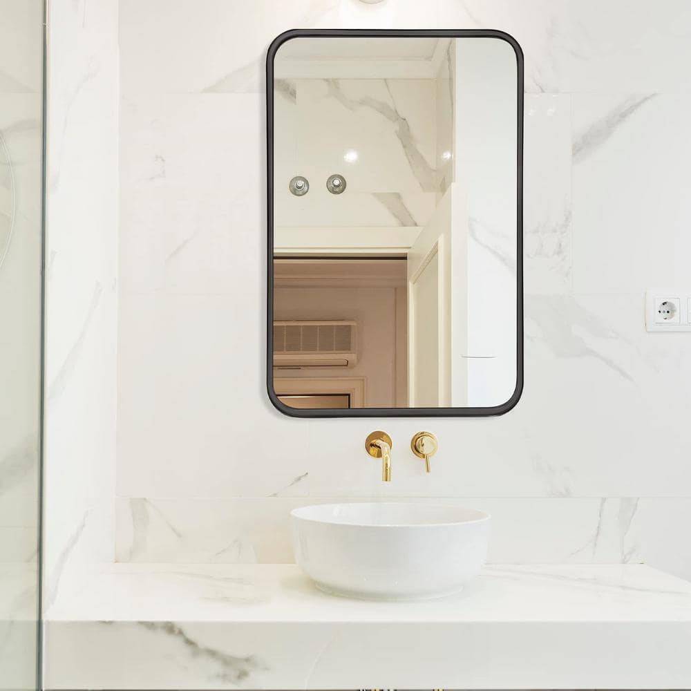 Classic Modern 22 in. W x 30 in. H Rectangle Framed Black Metal Mirror, for