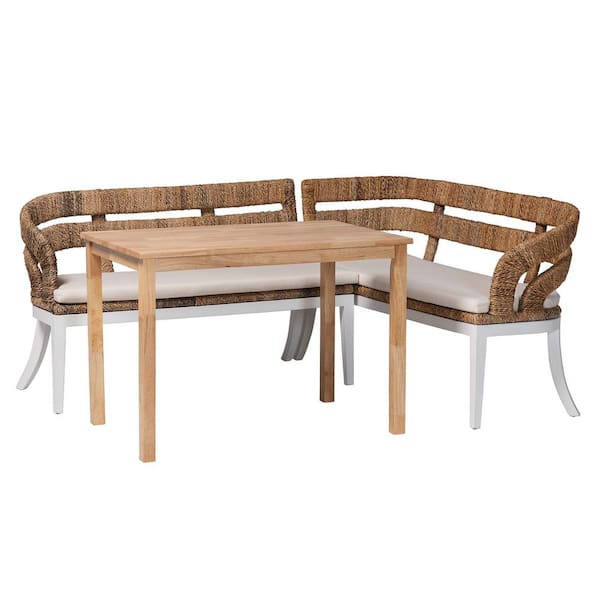Ubud 3-Piece Natural Brown Seagrass and Wood Top Dining Set Seats 3