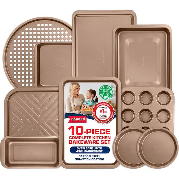 10-Piece Kitchen Baking Pan Set-Commercial Grade Carbon Steel Bakeware, With Nonstick Coating, Brown