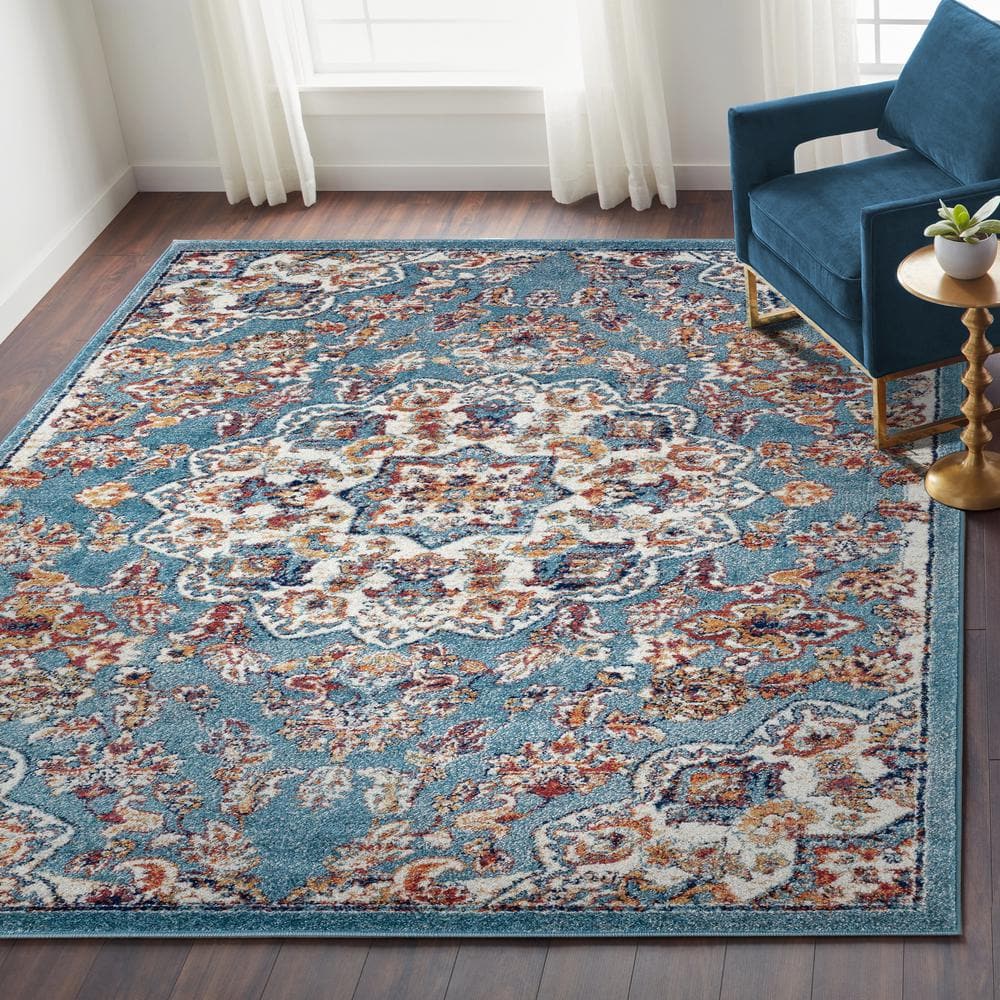 Blue Round Oriental Synthetic Easy Care Rug, 6'7"