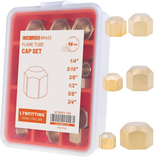 LTWFITTING Assortment Kit Tube OD 1/4 in. 5/16 in. 3/8 in. 1/2 in. 5/8 in. 3/4 in. Brass Flare Cap Set (65-Pack)