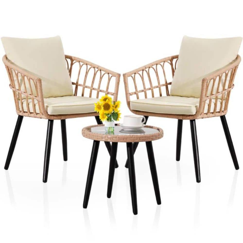 3 Piece Wicker Outdoor Patio Bistro Set With Cream cushion Rattan Table and Chairs Set of 2 for Porch Backyard Lawn price history on PriceWatchPro