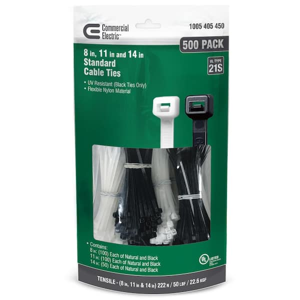 Commercial Electric 8 in., 11 in., 14 in., Standard UL 21S Rated UV Resistant Cable Zip Ties 500 COMBO Pack UV (Black) Natural (White)