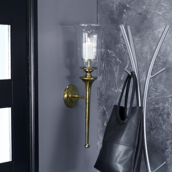 Litton Lane 30 in. Gold Aluminum Metal Single Candle Wall Sconce