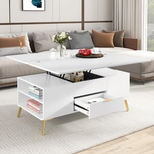 White Modern Lift Top 47.2 in. Rectangle MDF Coffee Table with Power Hydraulic Lifting Frame, Open Shelves and Drawers