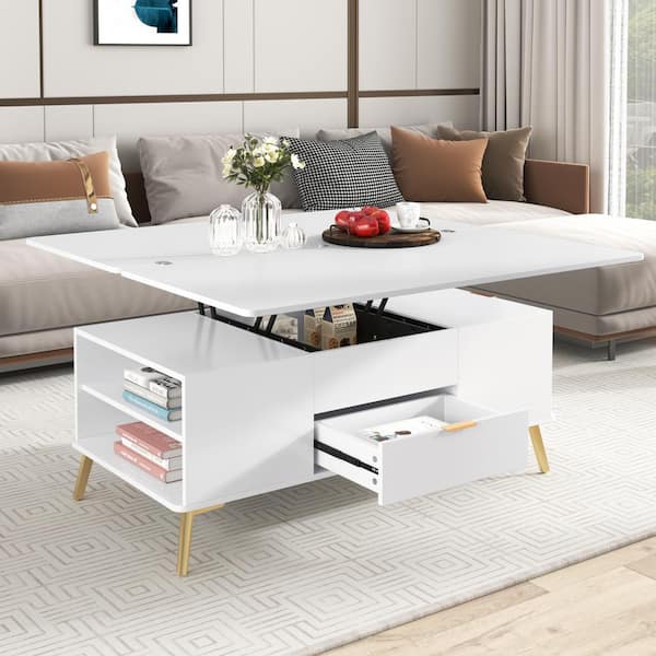 Harper & Bright Designs White Modern Lift Top 47.2 in. Rectangle MDF Coffee Table with Power Hydraulic Lifting Frame, Open Shelves and Drawers