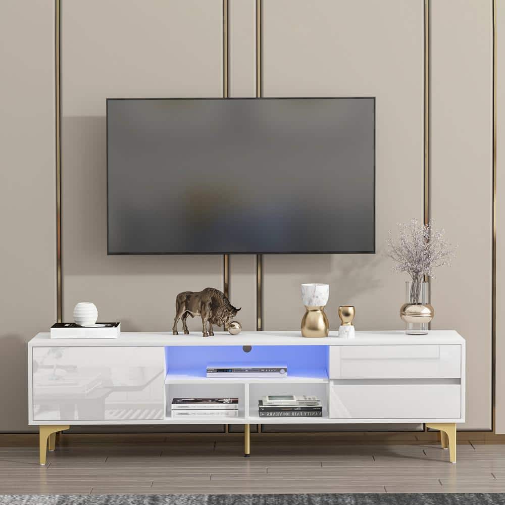 63 in. White TV Stand for TVs Up to 70 in. LED Entertainment Center with Dr