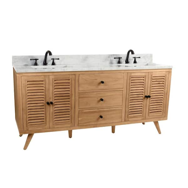 Harper 73 in. Double Sink Natural Teak Bath Vanity with Carrara White Marble Top