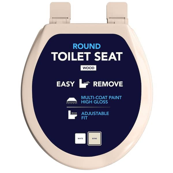 Round Toilet Seat with Adjustable Hinges and Easy Removal Mechanism in Bone Molded Wood,  Standard Size Fit