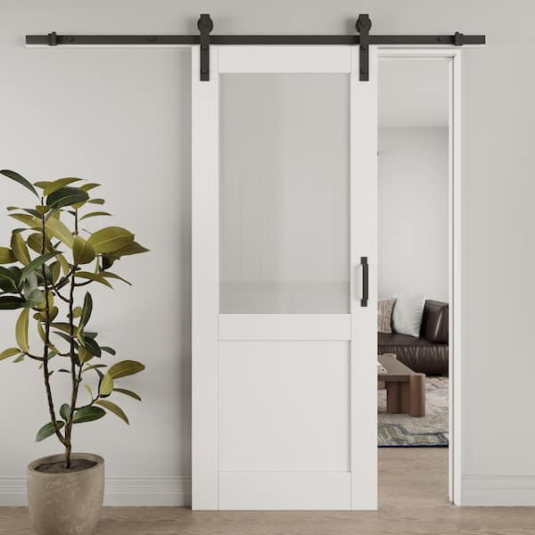 ARK DESIGN 32 in. x 80 in. 1/2 Lite Tempered Frosted Glass White Primed MDF Composite Sliding Barn Door with Hardware Kit