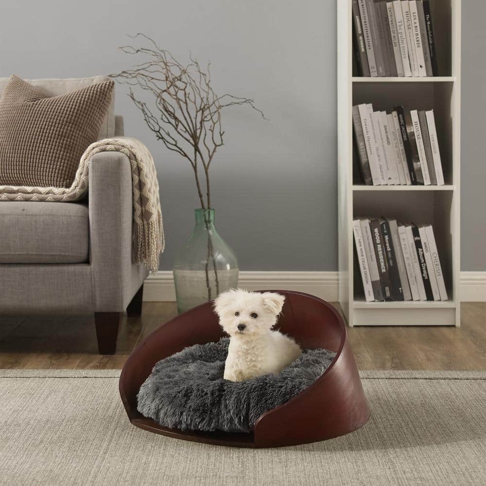 Small Dark Brown Bent Wood Faux Fur Dog Bed