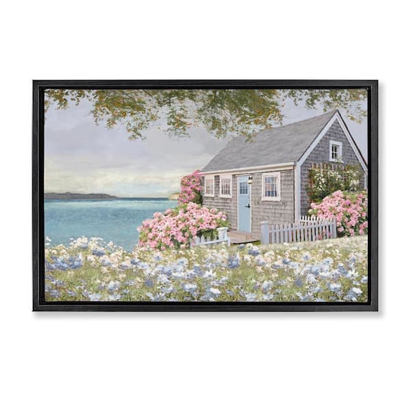 Stupell Industries Cottage with Rose Garden by Amber Sterling Black Floater Frame Nature Graphic Art Print 17 in. x 25 in.