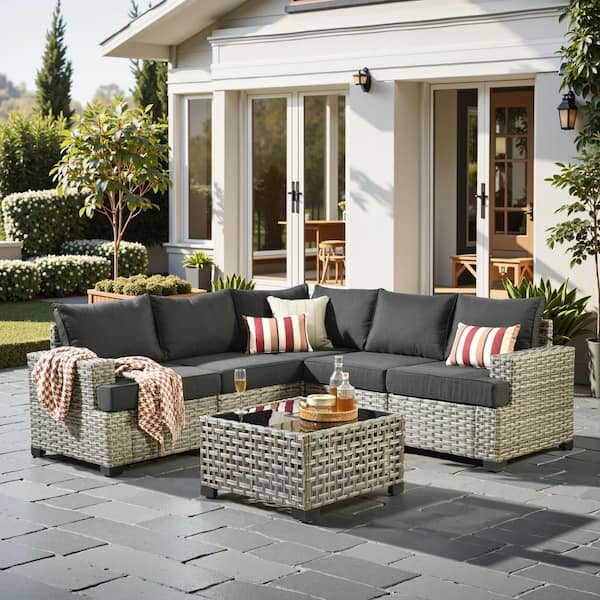 Caodoc Silvae Gray 6-Piece PE Rattan Wicker Outdoor Sectional Set Patio  Conversation Set with Black Cushion Table TBS106