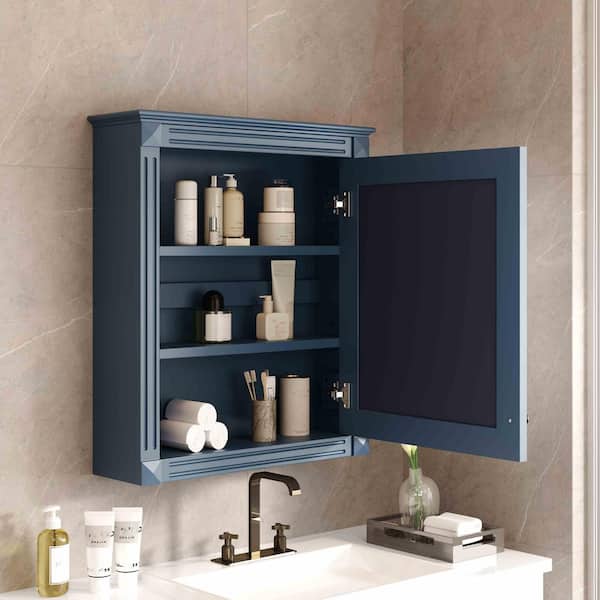24.01 in. W x 27.76 in. H Rectangular MDF Medicine Cabinet in Blue with Mirror and Height Adjustable Shelf
