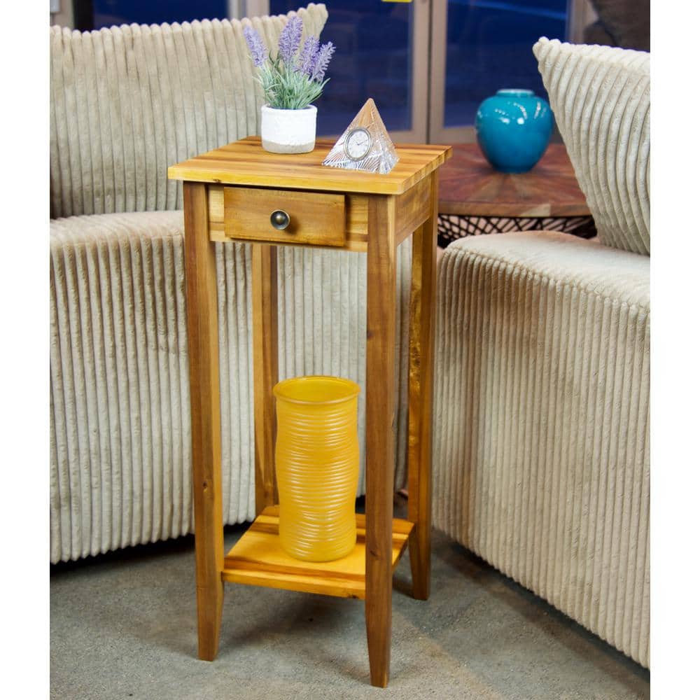 Natural Lacquered Acacia Wood Accent Table with Drawer