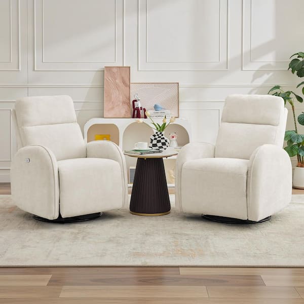 Chenille Beige 3-Position Swivel Power Nursery Recliner with USB and Induction Light Strip for Living Room (Set of 2)