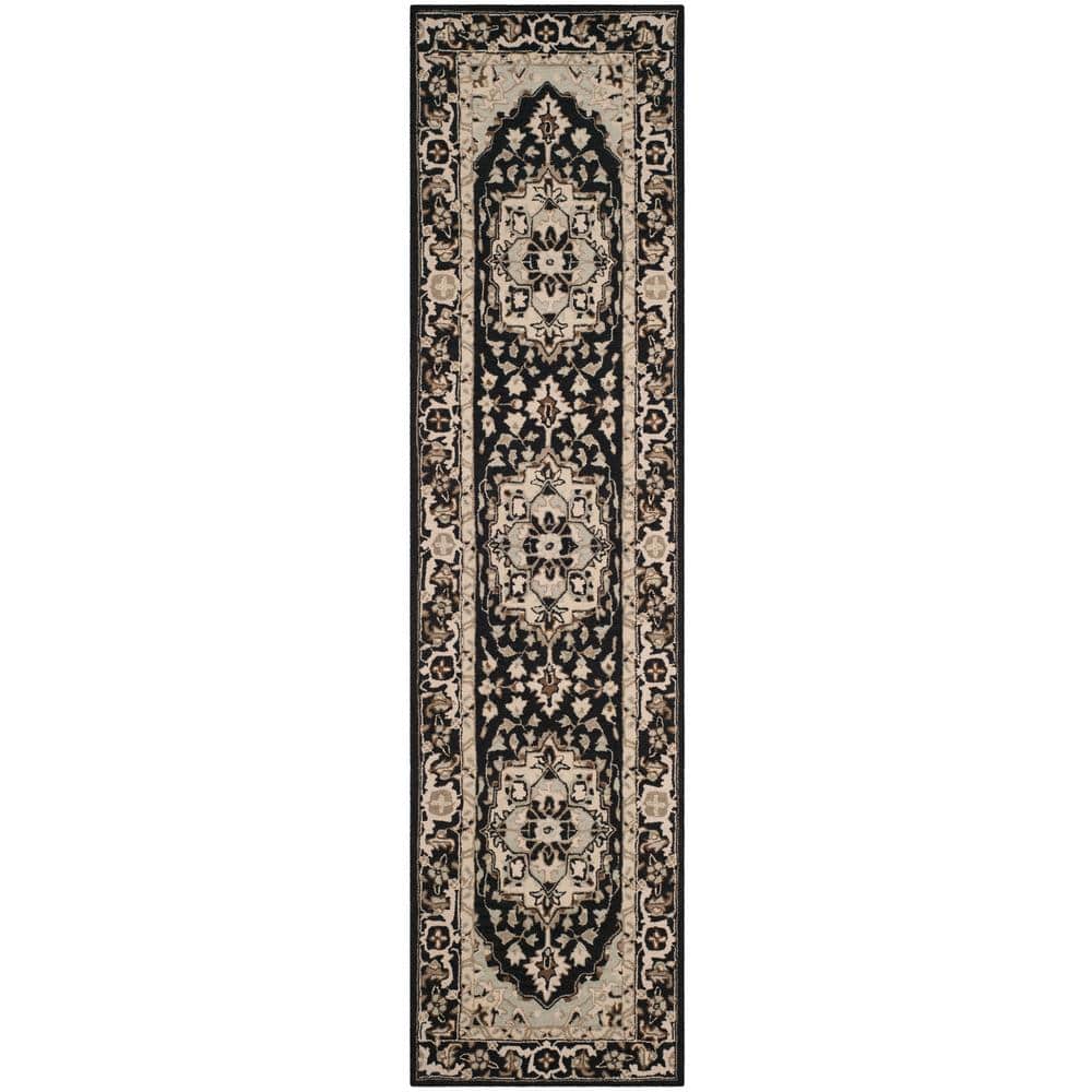 Black Floral Hand Hooked Wool Runner Rug