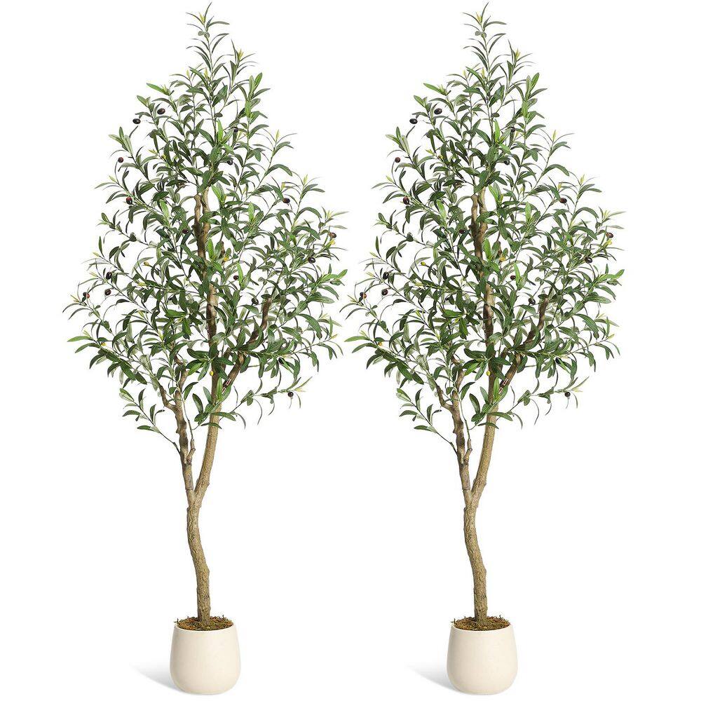 2Pack 6ft Tall Faux Plant, Artificial Olive Trees Indoor in White Pot ...