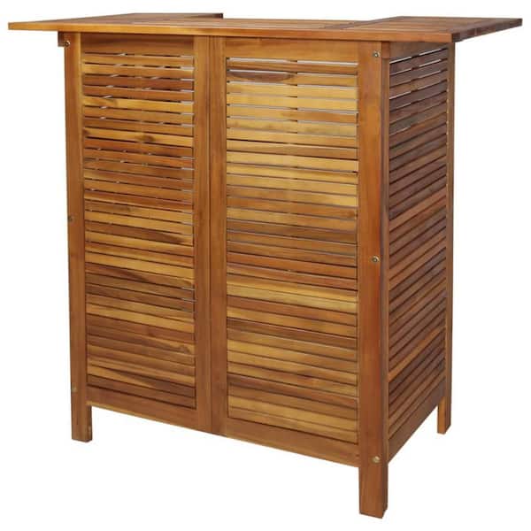 Brown Solid Acacia Wood Outdoor Bar Counter Table with Shelves