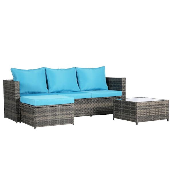 Unbranded 2-Piece Wicker Patio Conversation Set with Light Blue Cushions Outdoor Sectional L-Shaped with Ottoman Coffee Table
