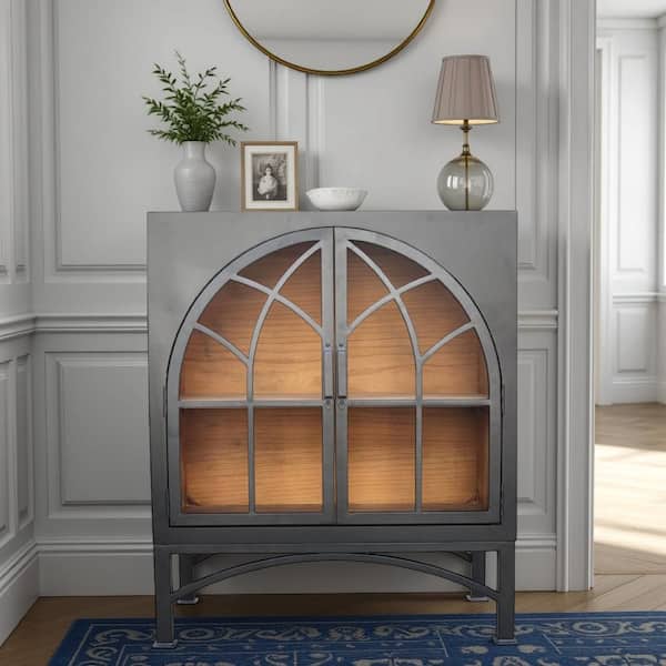 Veria Matte Black 36 in. Small China Display Cabinet with 2 Door Arch Frame