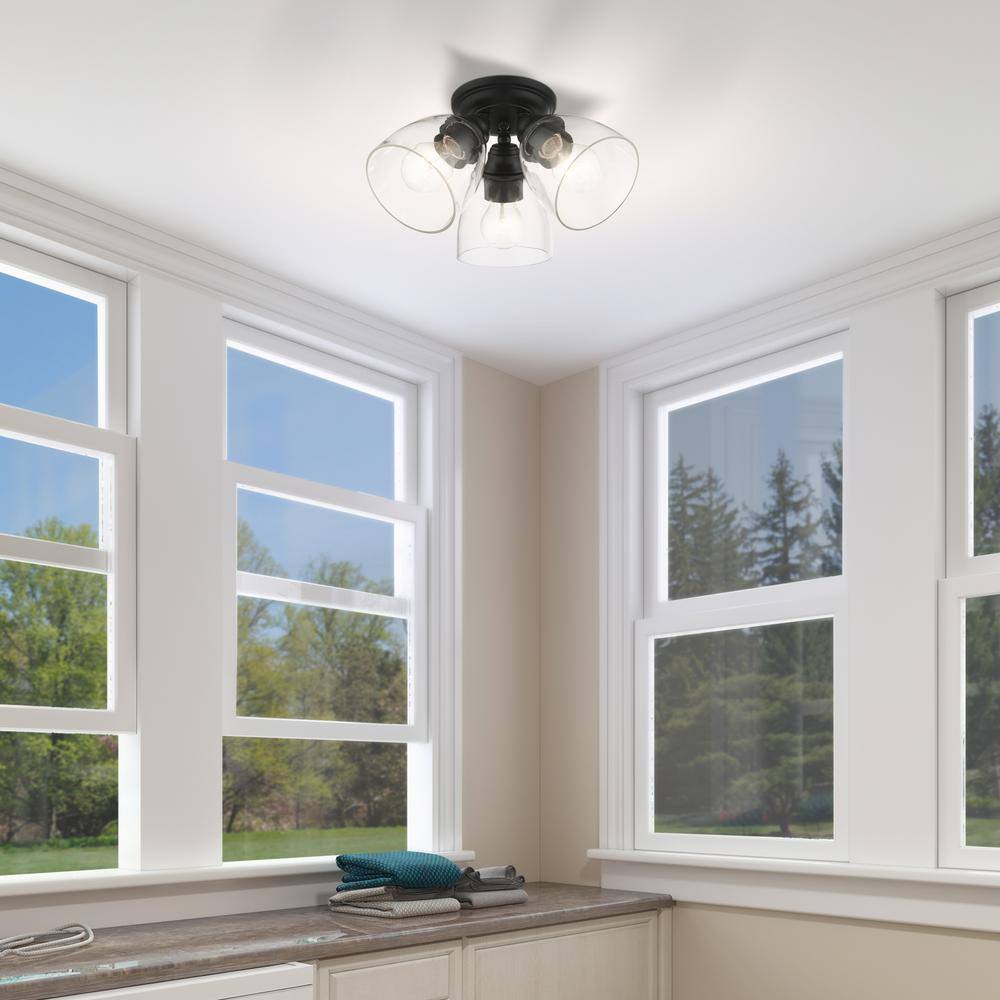 Montgomery Hand-Blown Glass 3-Light Black Flush Mount