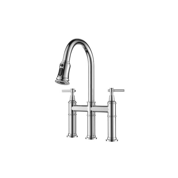 UKISHIRO Double Handle Bridge Kitchen Faucet with Pull-Down Spray Head in Spot in Polished Chrome