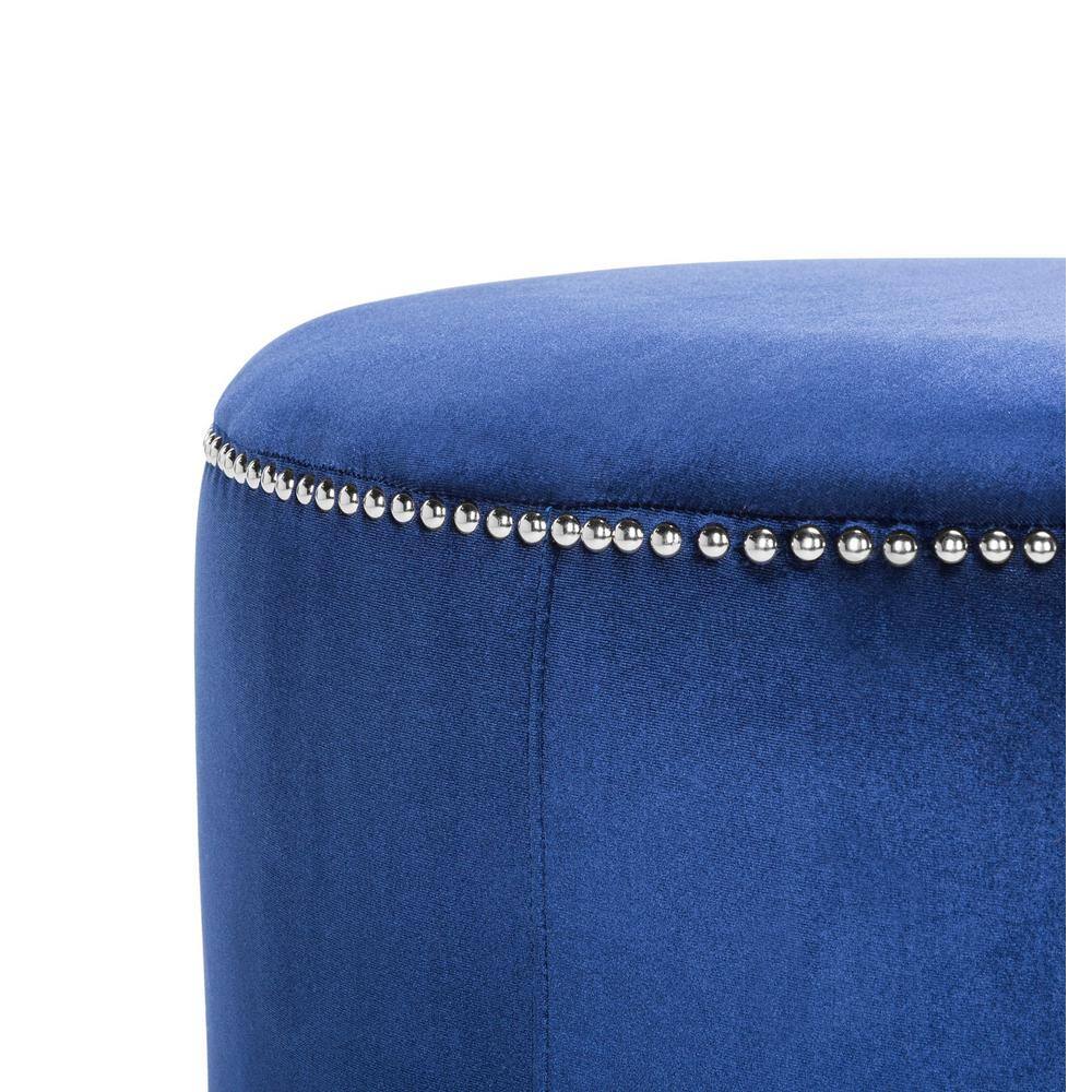 Transitional Royal Blue Velvet Round Ottoman with Nailhead Trim