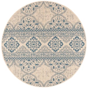 Beach House Blue/Cream 7 ft. x 7 ft. Round Floral Indoor/Outdoor Patio  Area Rug