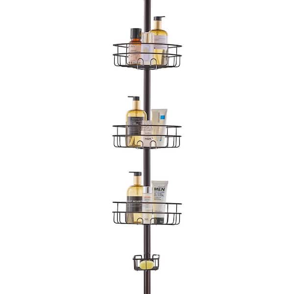 Shower Corner Caddy Tension Pole, Shower Caddy in Black 39 in. to 125 in. High, Multi-Functional Shower Tension Pole