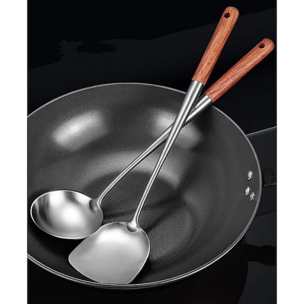 Stainless Steel Kitchen Utensil Set with Wooden Handles, Including Wok Spatula, and Soup Ladle for Cooking