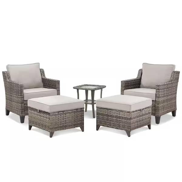 5-Piece Wicker Patio Conversation Set, Outdoor Lounge Chairs with Beige Cushions