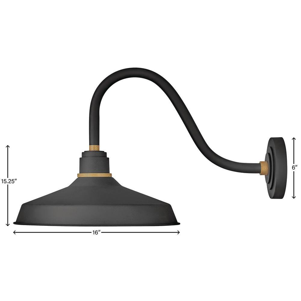 Textured Black 1-Light Outdoor Gooseneck Barn Sconce with Brass Details